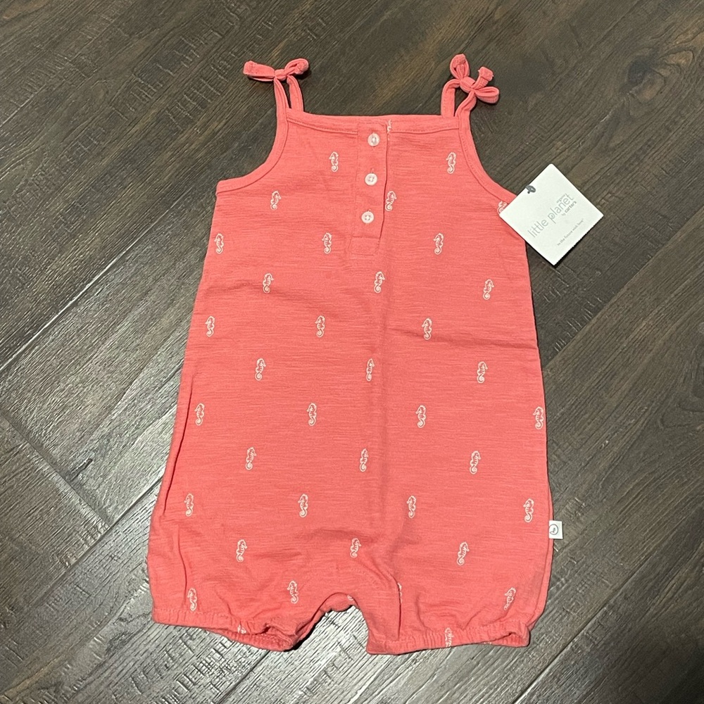 NWT Carter's Coral Sleeveless Romper with White Seahorse Motif
